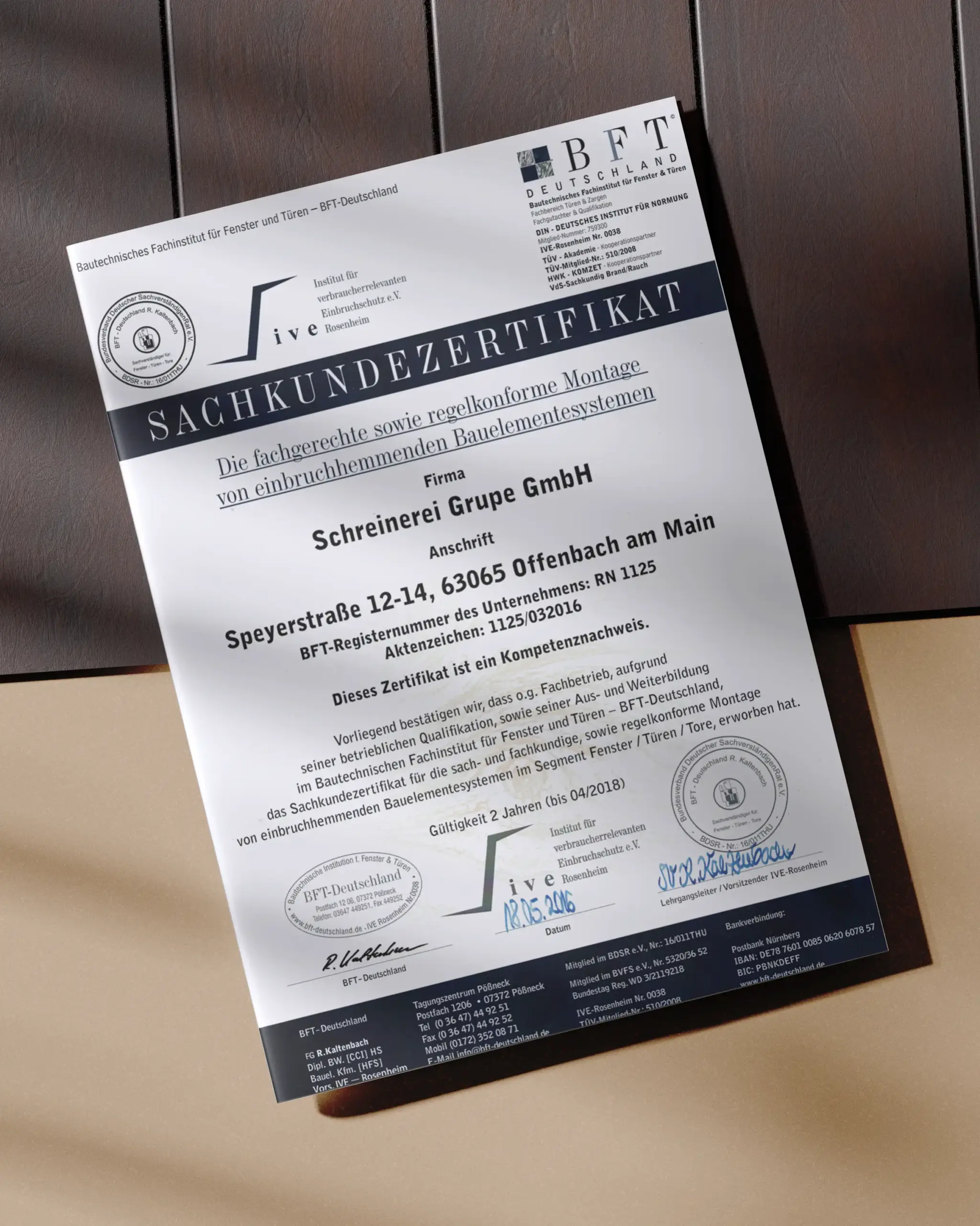 Sachkundezertifikat des BFT für die Montage von einbruchhemmenden Bauelementesystemen
